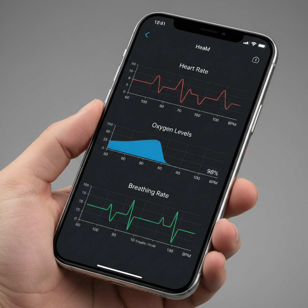Smartphone displaying comprehensive health metrics dashboard with heart rate, oxygen levels, and breathing rate charts, modern clean interface design, professional lighting, no text
