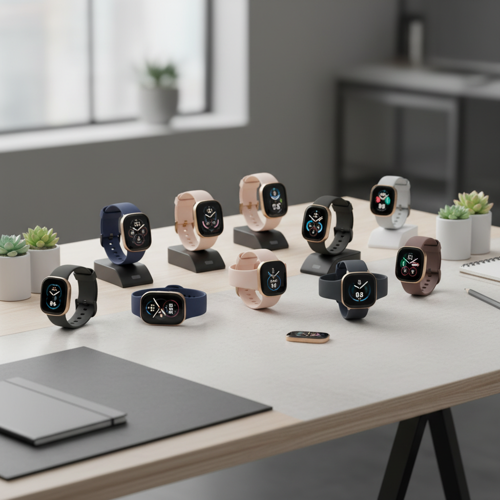 Collection of Fitbit smartwatches and fitness trackers arranged elegantly on a modern desk, showing different models and colors, product photography with soft lighting, no text