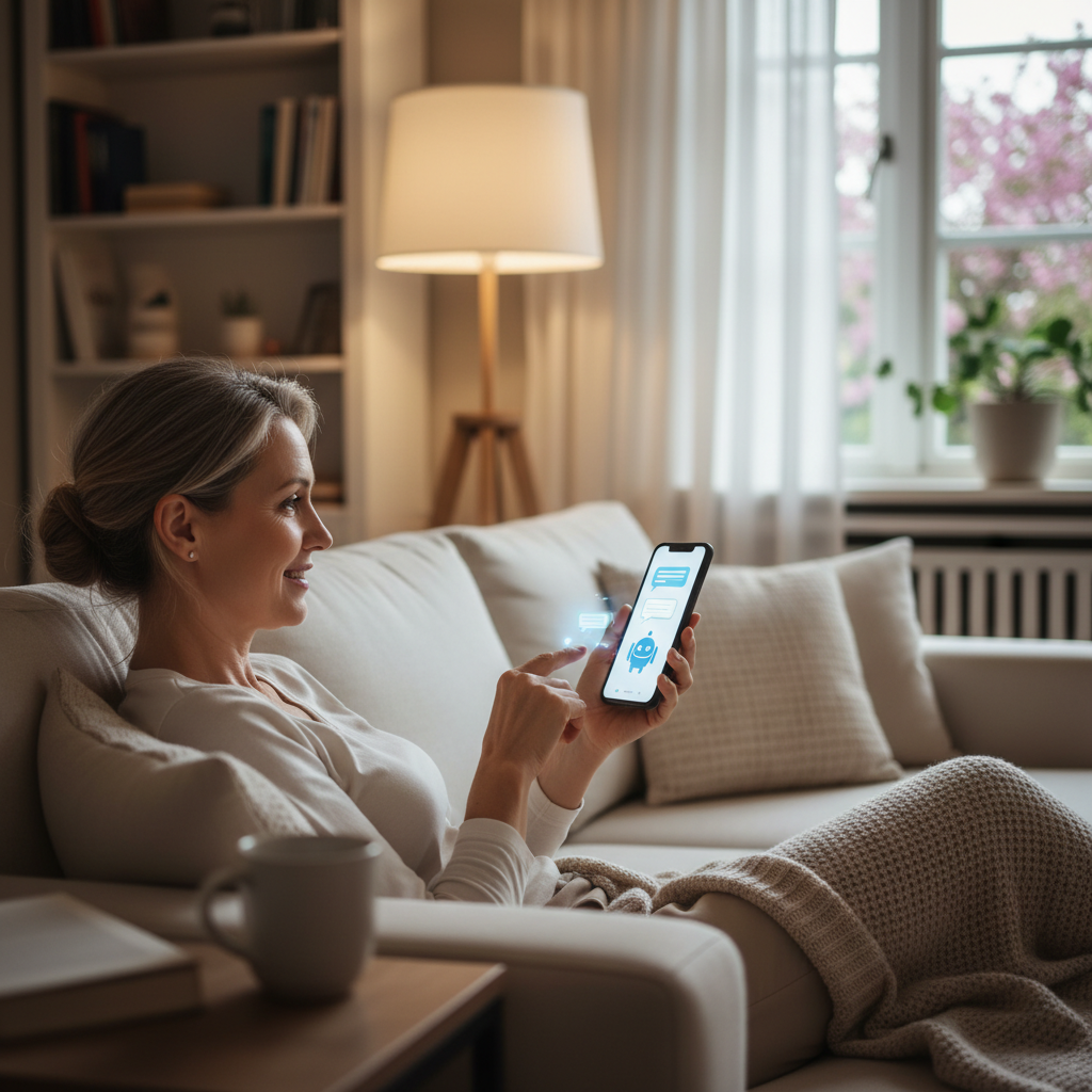 A middle-aged person sitting comfortably on a couch, holding a smartphone and having a conversation with an AI medical chatbot. The scene shows a warm, home environment with soft lighting, depicting the convenience of AI medical consultation. Lifestyle photography style, no text.