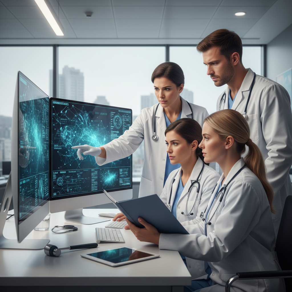 Medical professionals in white coats reviewing AI-generated medical reports on computer screens in a modern hospital setting. The scene shows concern and careful analysis, with medical charts and diagnostic tools visible. Professional medical environment with clean lighting, no text.