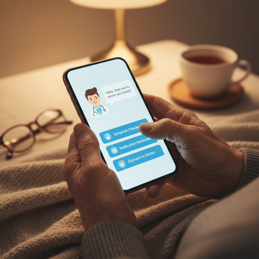 Close-up of elderly hands holding a smartphone, showing a medical consultation app interface. The scene emphasizes the accessibility and convenience of AI medical advice for older adults, with warm home lighting and comfortable setting. Lifestyle photography, no text.