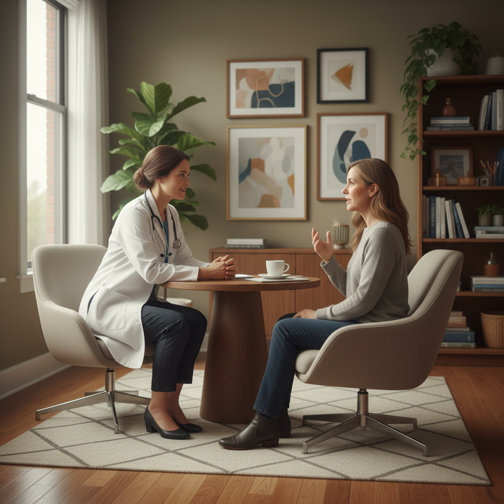 A warm consultation room where a doctor and patient are having a meaningful conversation. The doctor is listening attentively while the patient explains their concerns. The scene emphasizes human connection and empathy in healthcare, with natural lighting and comfortable medical office setting, no text.