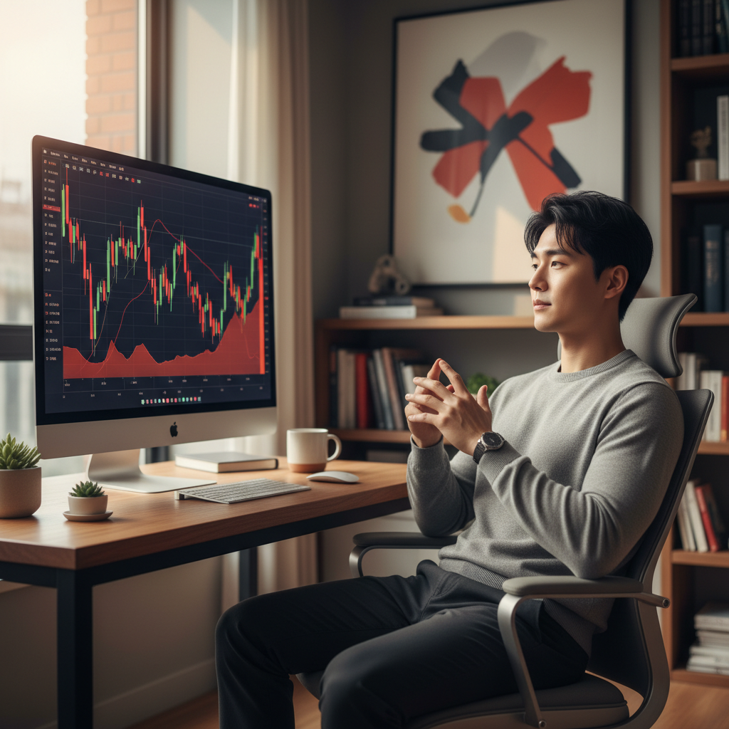 Calm young Korean investor looking at declining stock charts on computer screen, confident posture, modern home office setup, natural daylight, showing resilience and determination, lifestyle photography, no text