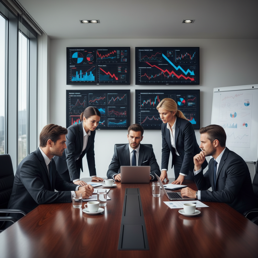 Financial experts in suits discussing market trends with concerned expressions, conference room setting with economic charts on wall, professional lighting, business meeting atmosphere, no text
