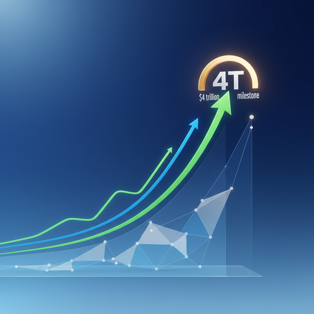 A clean financial infographic showing Apple's stock price surge with upward trending graphs, 4 trillion dollar milestone marker, modern corporate finance visualization, professional lighting, no text
