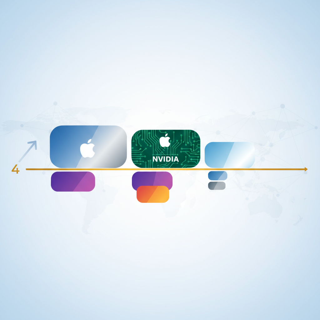 Professional infographic comparing market capitalizations of major tech companies including Apple, Nvidia, Microsoft, with 4 trillion dollar threshold highlighted, corporate finance visualization style, clean design, no text