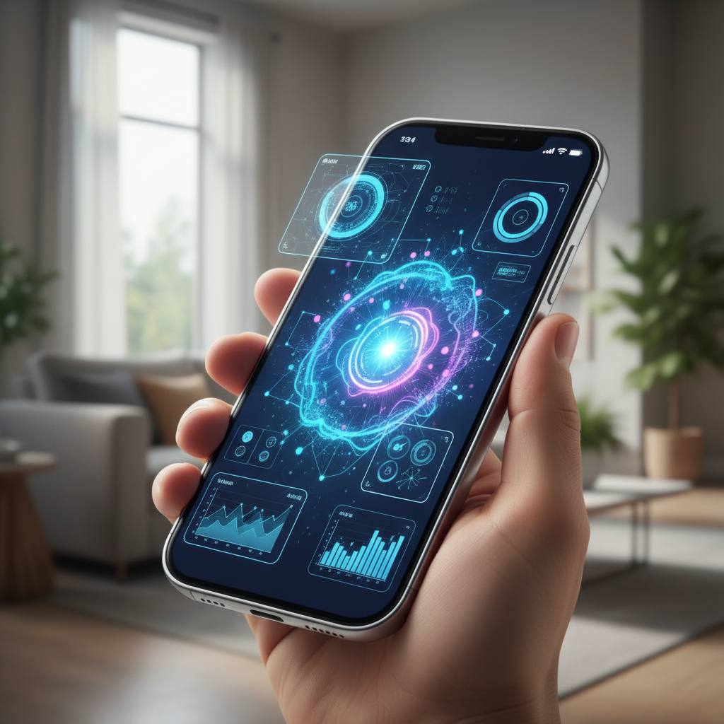 Modern smartphone with AI interface elements, futuristic technology visualization, sleek design showing artificial intelligence integration, lifestyle photography with soft lighting, no text