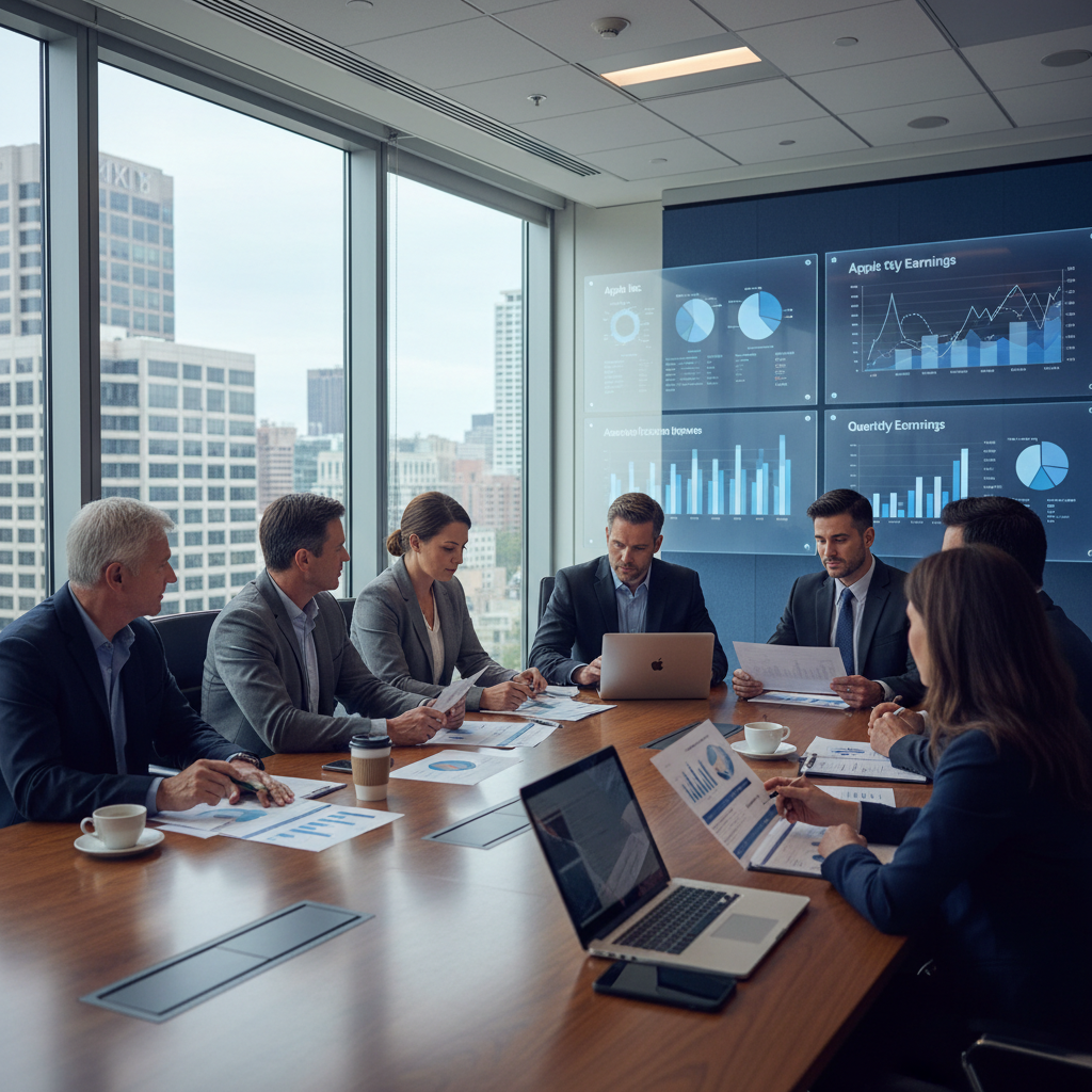Professional business meeting scene with financial analysts reviewing Apple earnings reports, corporate boardroom atmosphere, modern office setting with charts and presentations, natural lighting, no text