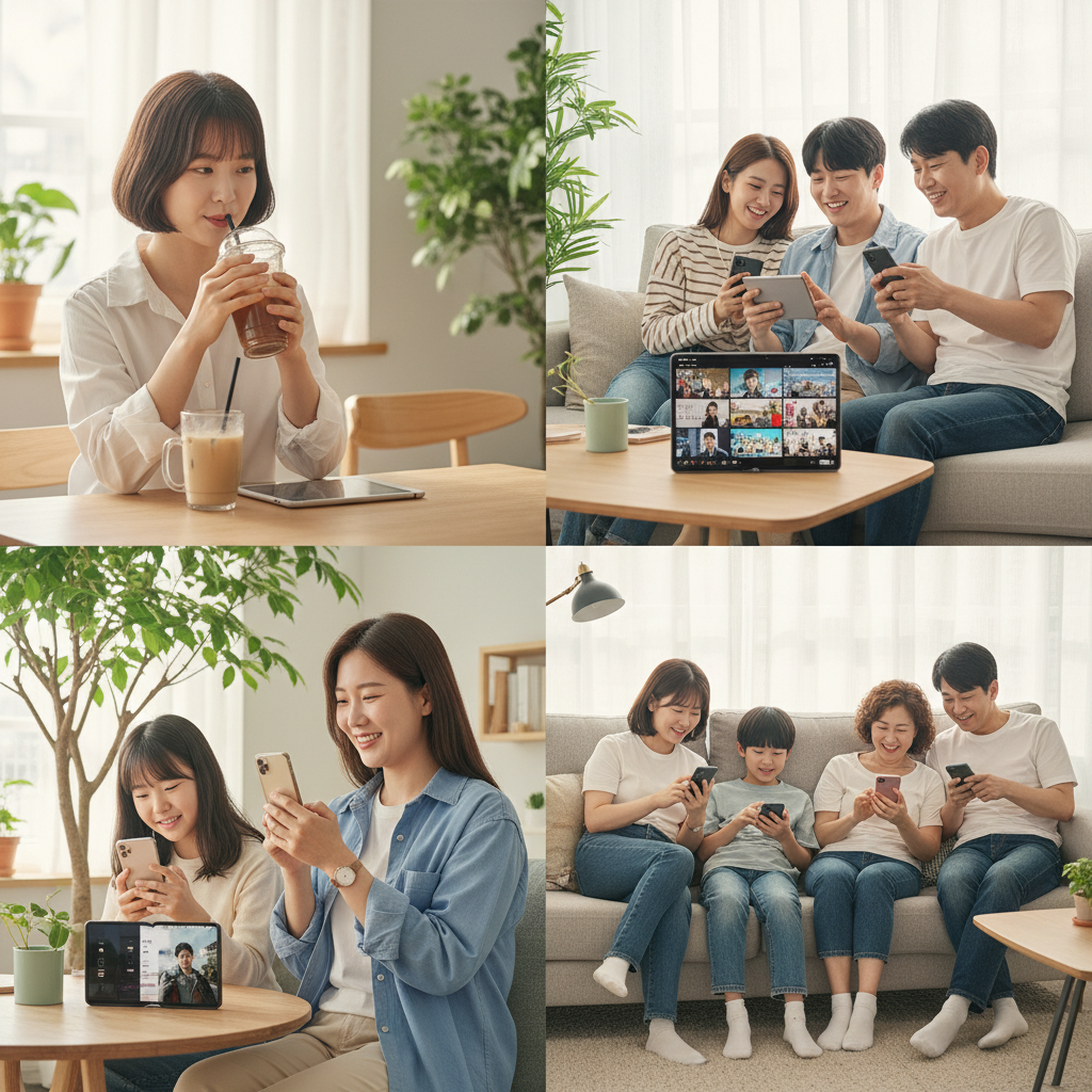 A diverse group of Korean people enjoying Netflix on their mobile phones in various casual settings, some watching vertical videos, others traditional shows. The scene is brightly lit, showing comfortable, modern lifestyle photography. No text.