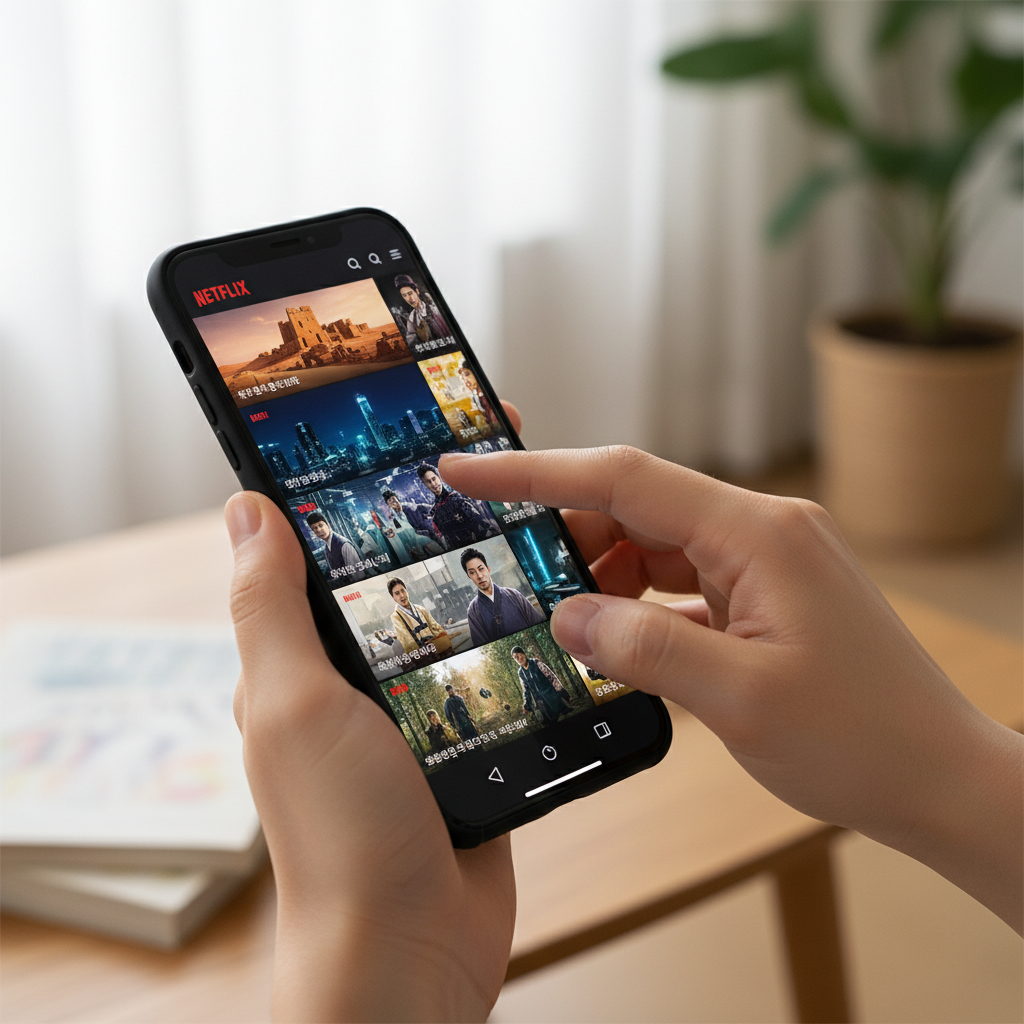 A close-up of a Korean person's hands holding a smartphone, actively scrolling through a vertical video feed on the Netflix app. The screen shows dynamic clips from various shows, illustrating a modern, engaging mobile content experience with soft, natural lighting. Lifestyle photography. No text.