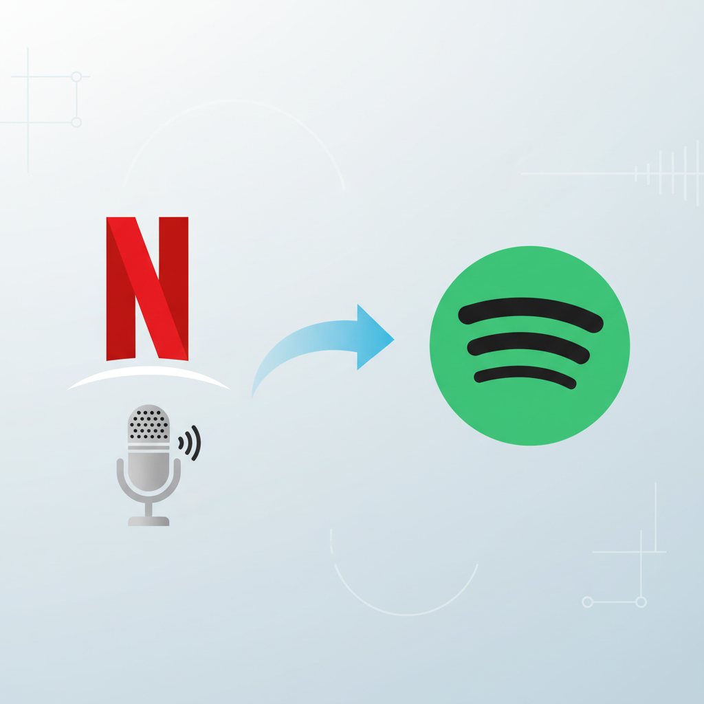 A clean infographic illustrating the collaboration between Netflix and Spotify for podcasts. The Netflix logo is prominently featured with a stylized microphone icon, connecting to the Spotify logo. The background is simple and modern, conveying innovation in audio content. Clean infographic style. No text.