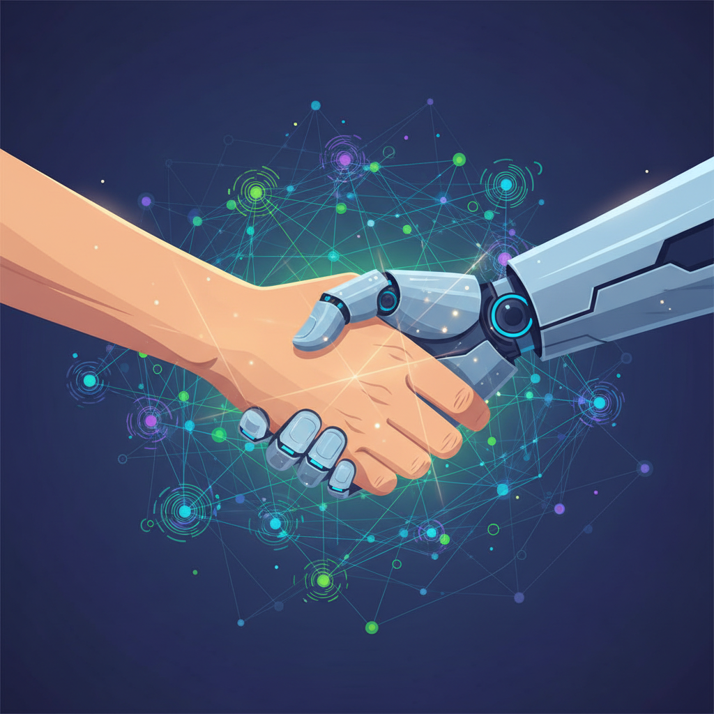 A visually striking infographic representing collaboration between human and AI. Two hands, one human and one robotic, shaking hands. The background shows abstract network lines and glowing data. Style: clean infographic, no text.