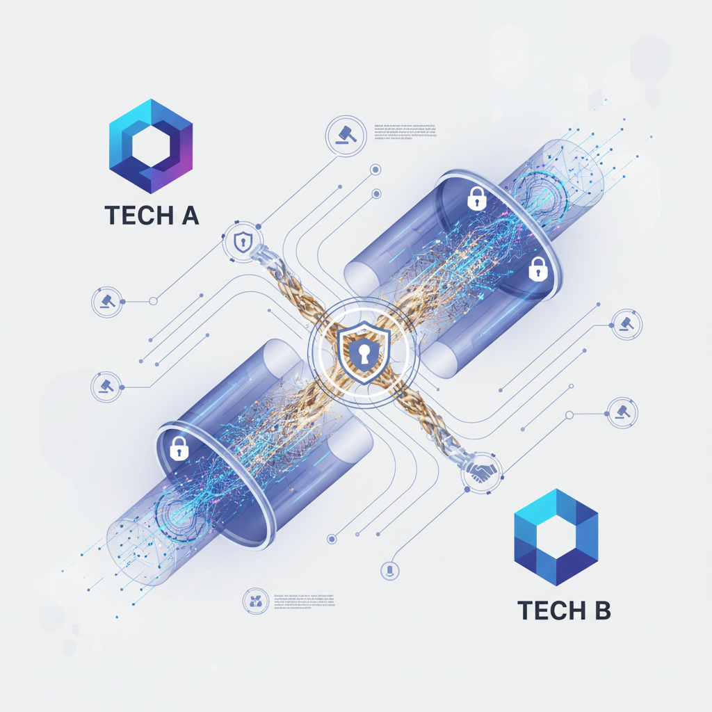 An intricate infographic showing data flowing through secure channels, representing IP rights and agreements between two major tech companies. Elements like digital locks, connected nodes, and data streams. Style: clean infographic, no text.