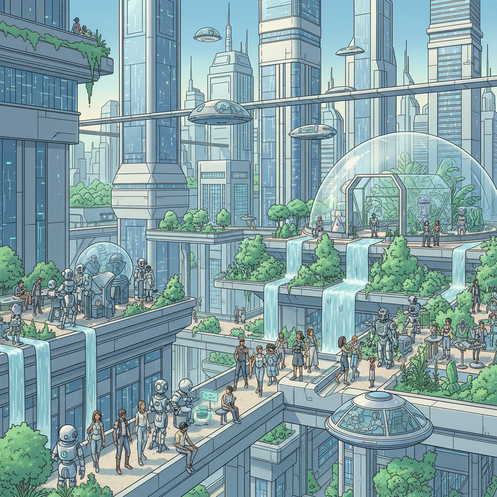 A futuristic city where advanced AI robots and diverse humans coexist harmoniously. The scene is bustling with activity, featuring flying vehicles and green spaces. Style: clean illustration, no text.
