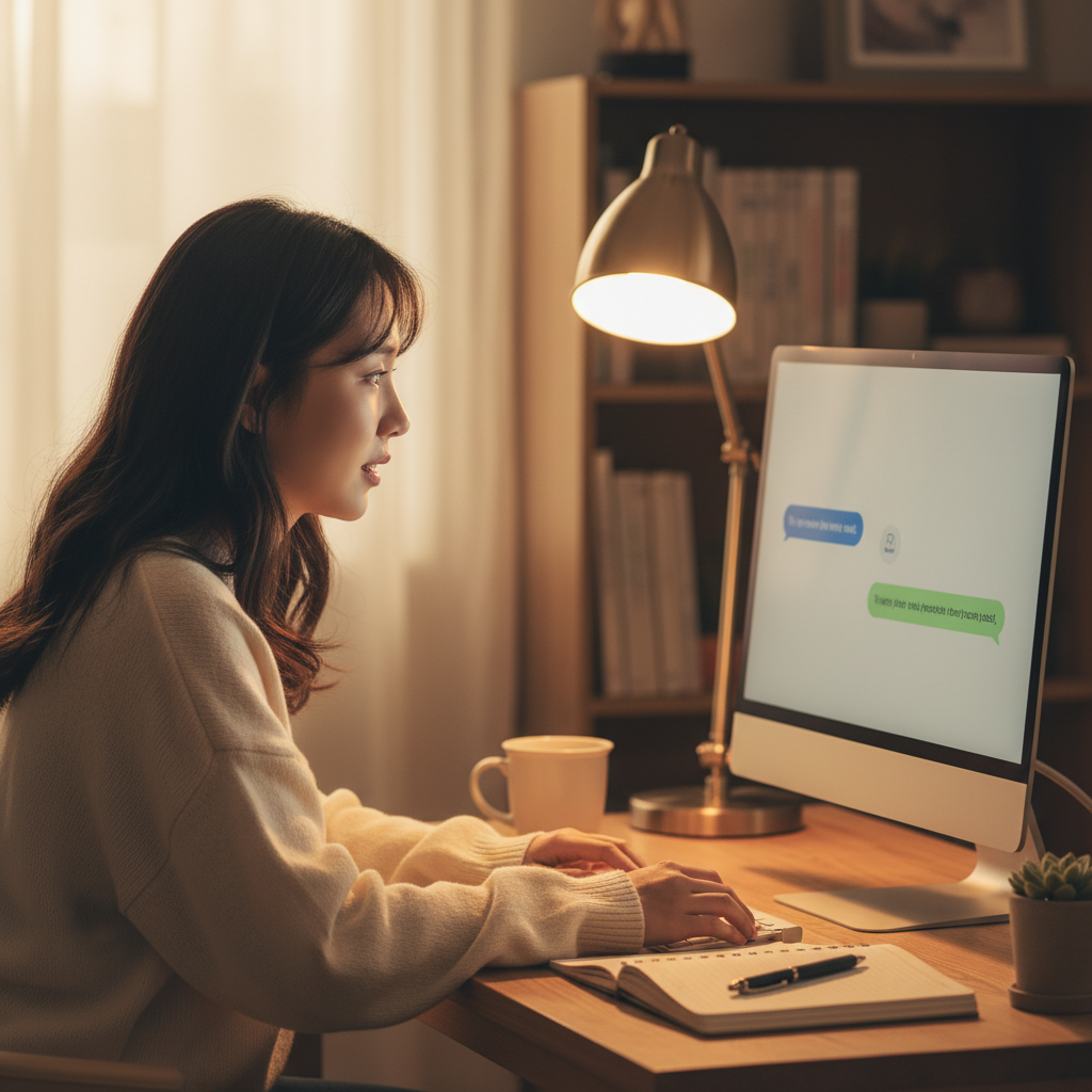 A person sitting at a computer screen having a conversation with an AI chatbot, showing emotional expressions, warm lighting, realistic lifestyle photography, Korean person, no text
