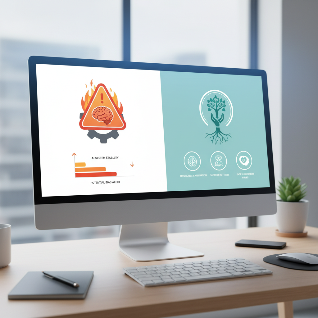 Computer screen showing AI safety warnings and mental health resources, clean infographic style, professional setting, warning symbols, no text