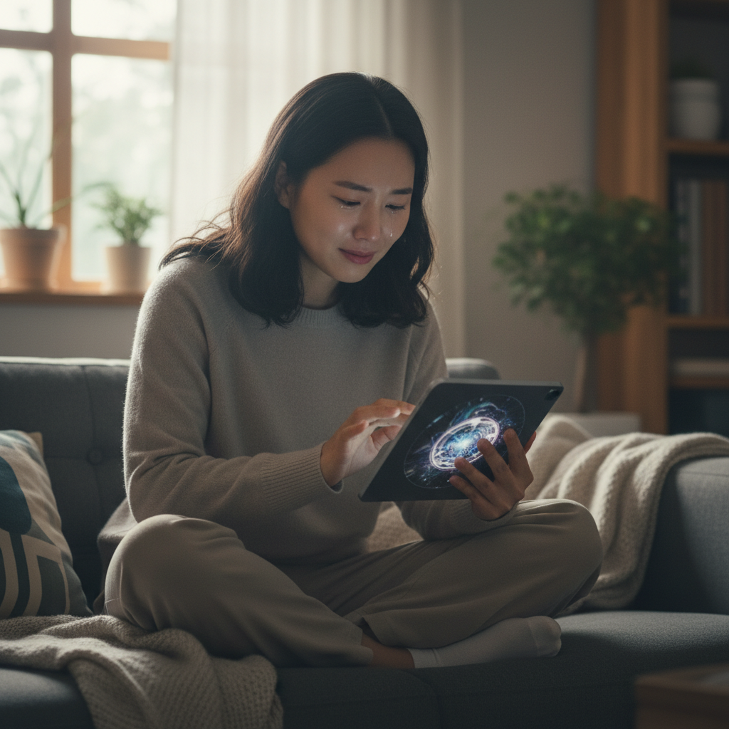 Person showing emotional attachment to digital device, expressing various emotions, soft lighting, lifestyle photography, Korean person, no text