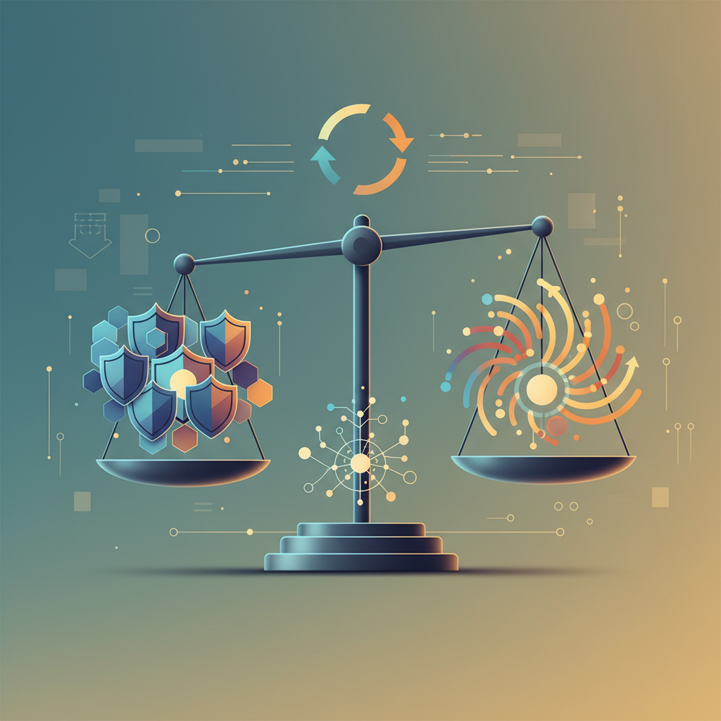 Abstract representation of AI policy changes, showing balance between safety and user freedom, professional infographic style, modern design elements, no text