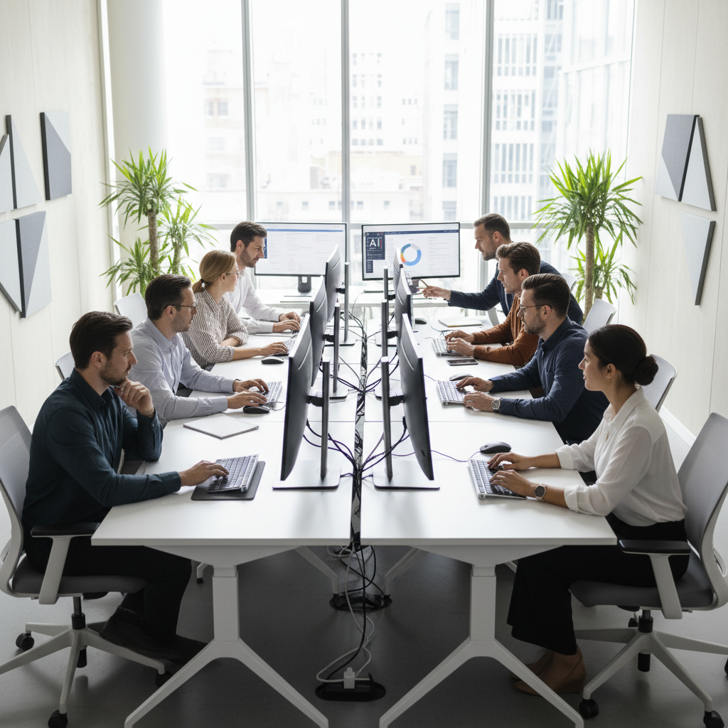 Professional office workers learning AI tools on computers in a modern training room, diverse group of people engaged in digital learning, bright natural lighting, contemporary workspace atmosphere, lifestyle photography, no text