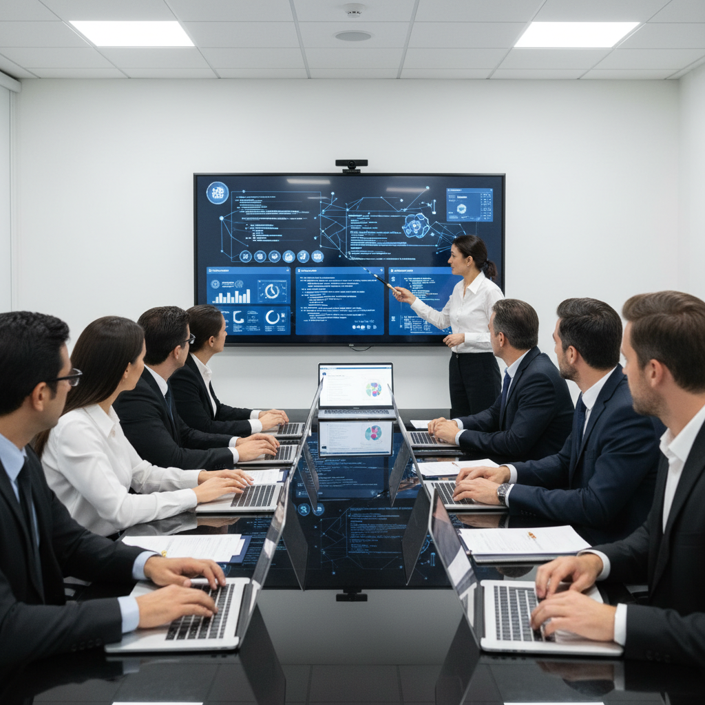 Corporate training session with employees learning AI tools, diverse business professionals in conference room setting, laptops and digital displays showing AI interfaces, professional lighting, business photography style, no text