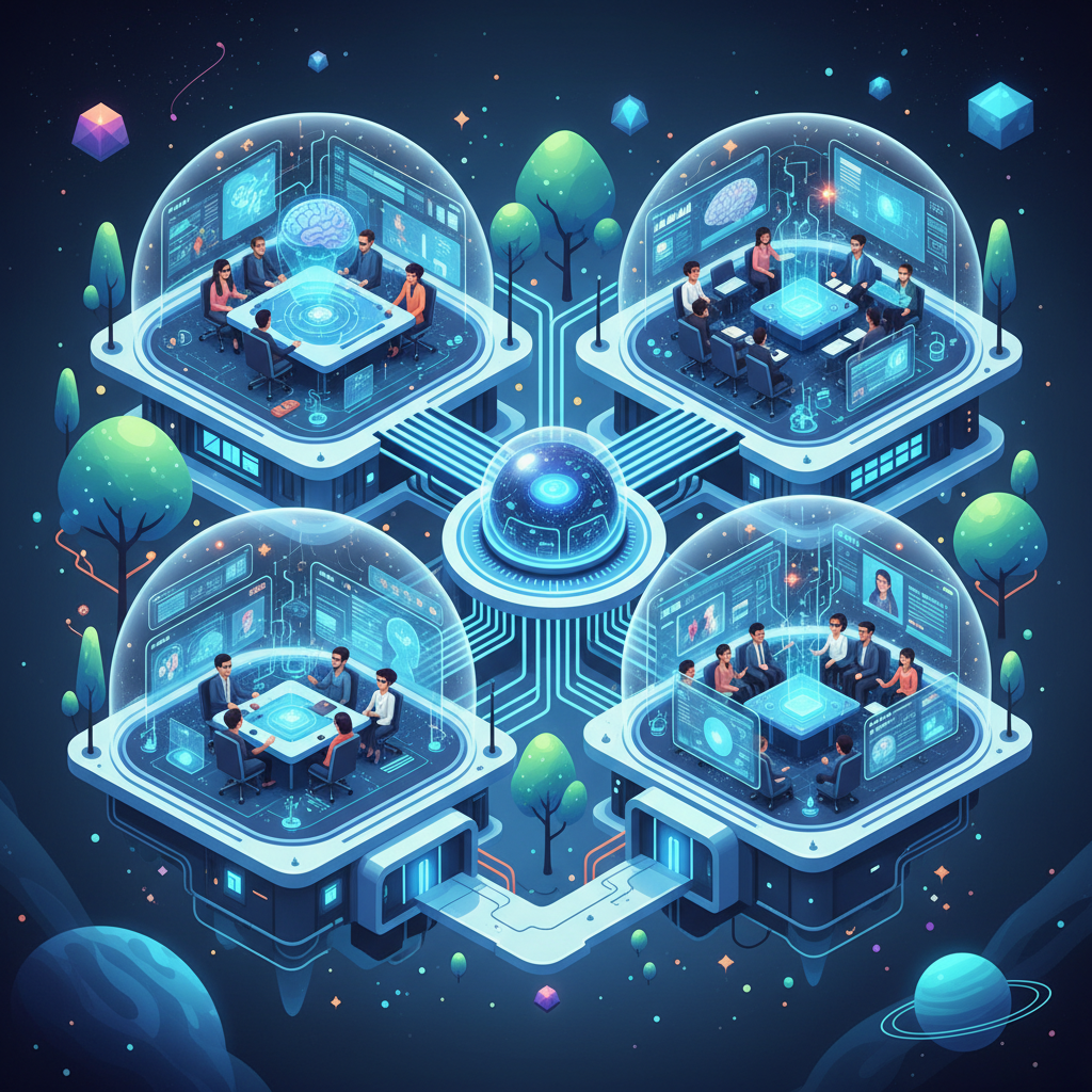 Digital twin visualization of university campus with virtual learning environments, futuristic educational technology integration, students using AI learning tools in virtual spaces, clean tech illustration style, no text