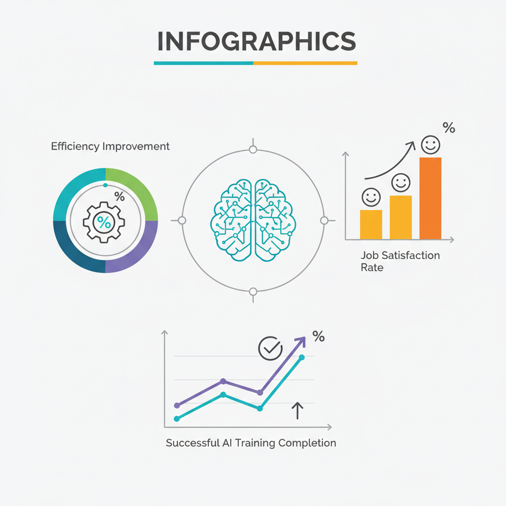 Business infographic showing AI training success metrics, charts and graphs displaying efficiency improvements and job satisfaction rates, professional data visualization with clean modern design, no text
