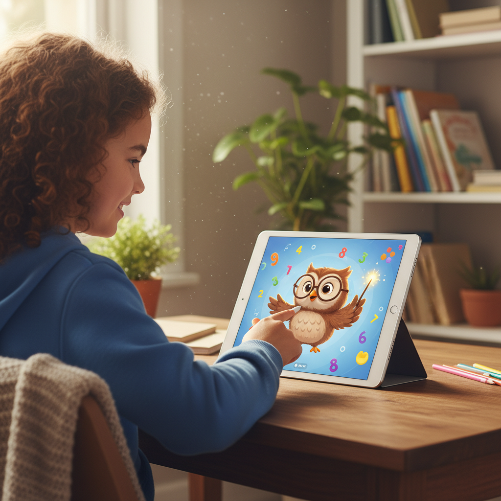 Elementary school student sitting at a desk with tablet, engaging with animated AI tutor on screen, warm home learning environment, natural lighting, modern educational technology setup, lifestyle photography, no text
