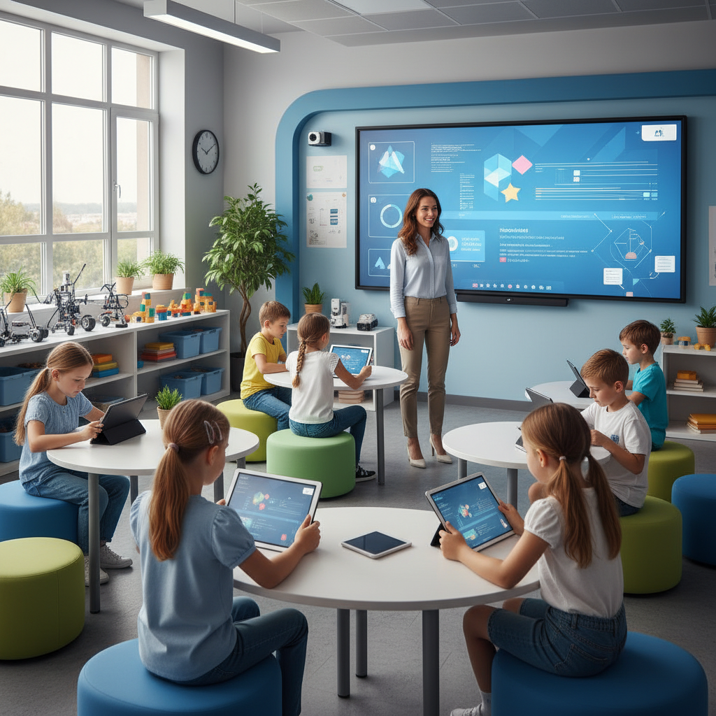 Modern elementary classroom with students using tablets, teacher supervising AI-assisted learning, bright educational environment, interactive technology integration, clean educational photography, no text