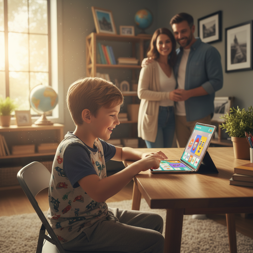 Happy elementary student at home desk using educational AI app on tablet, parents watching supportively in background, cozy home study space, warm natural lighting, lifestyle photography, no text