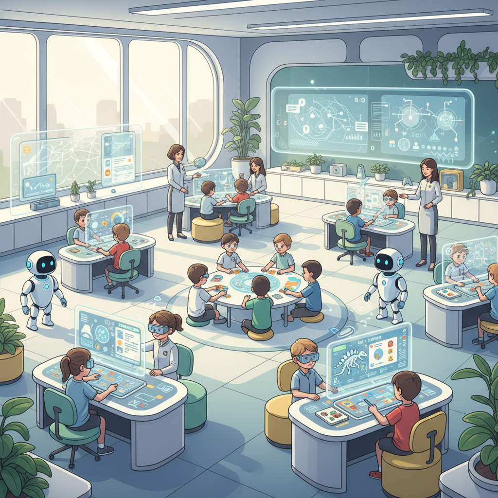 Futuristic elementary classroom with blend of AI technology and human teachers, students engaged in personalized learning, bright modern educational space, innovative learning tools, clean infographic style, no text
