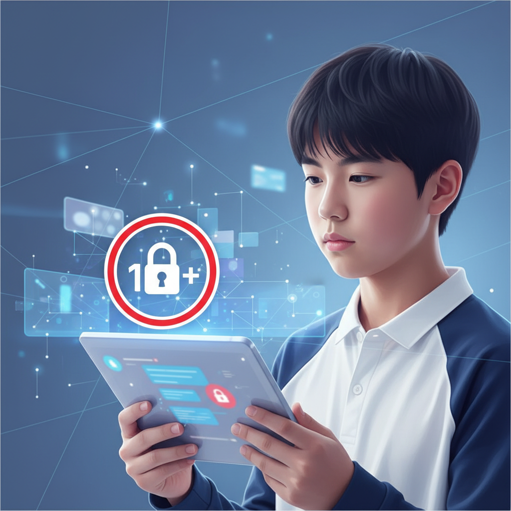 A young Korean teenager looking thoughtfully at a blurry AI chatbot interface on a tablet, with a digital "age restriction" symbol overlayed. The background is a modern, slightly futuristic setting, emphasizing technology and caution. Style: Clean infographic. No text.