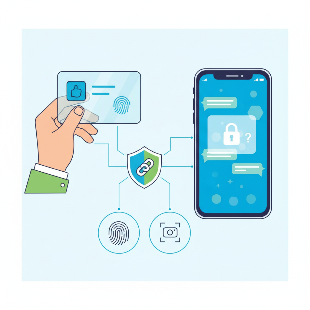 A clean infographic showing a person's hand holding a government ID card next to a smartphone displaying an AI chatbot interface, with a pop-up asking for age verification. Emphasize digital security and identification methods. Style: Clean infographic. No text.