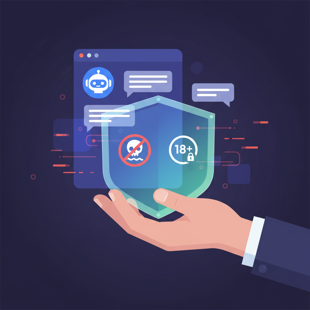 A Korean person's hand holding a protective shield in front of a digital representation of an AI chatbot interface. The shield has icons representing "no harmful content" and "age verification." The background is slightly dark to suggest danger, contrasting with the bright shield. Style: Clean infographic. No text.