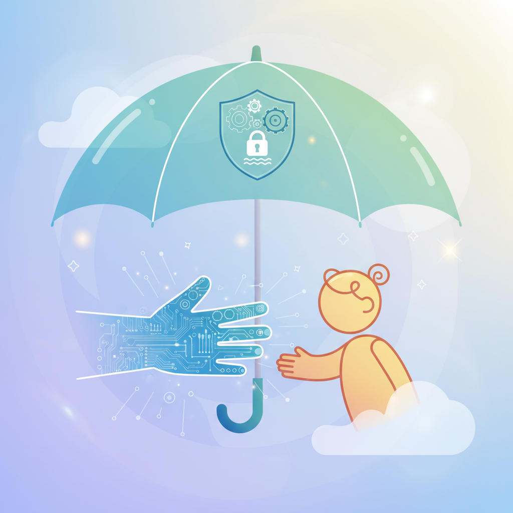 Two hands, one representing technology (digital lines, circuits) and the other representing a child (small, simple outline), coming together under a protective umbrella. The umbrella is labeled "Safety Regulations" in a non-textual graphic way. Background is soft and reassuring. Style: Illustration. No text.