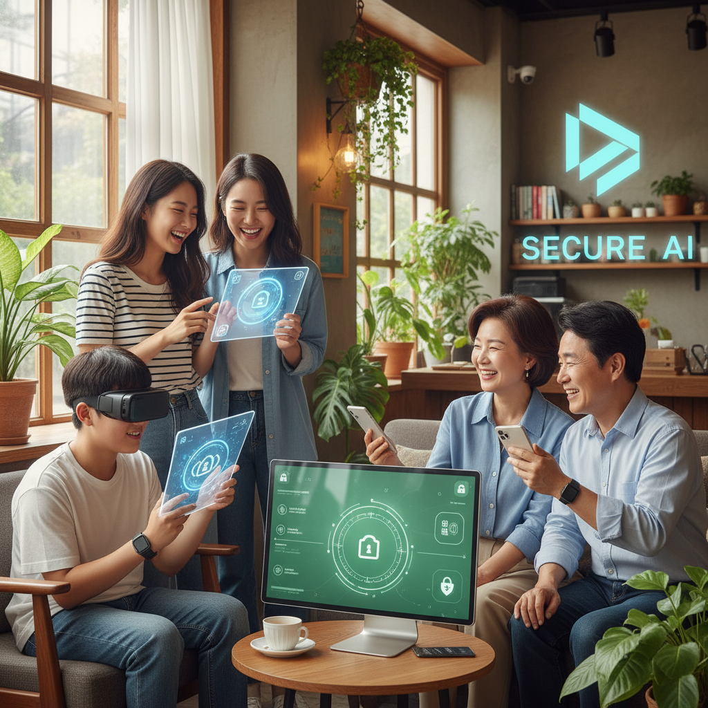 A diverse group of Korean people, including teenagers and adults, engaging safely and positively with various digital devices that display AI interfaces. The scene is bright, optimistic, and shows a balanced integration of technology into daily life, with subtle indications of security measures. Style: Lifestyle photography. No text.