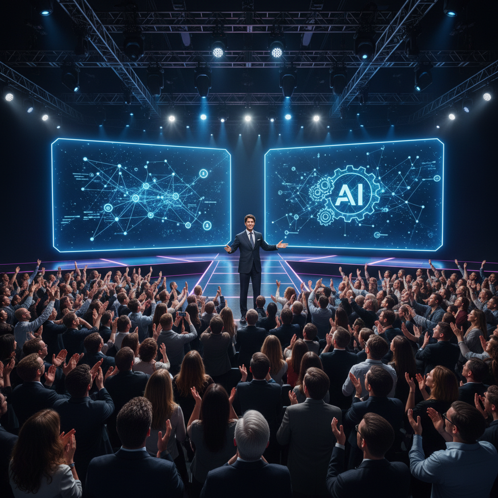 A professional tech conference stage with a familiar actor presenting an AI storytelling platform to an engaged audience. Modern conference lighting, large screens displaying innovative technology, enthusiastic crowd atmosphere. No text.