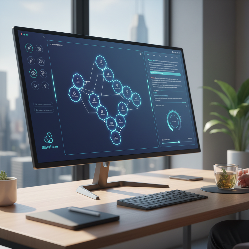 A sleek digital interface showing AI-powered storytelling tools with creative writing elements, modern software design, clean workspace environment, innovative technology visualization. Lifestyle photography style. No text.