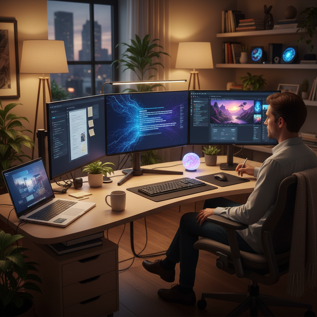 A creative writer working with AI tools on multiple screens, modern home office setup, innovative technology integration, focused creative atmosphere, warm lighting. Lifestyle photography style. No text.