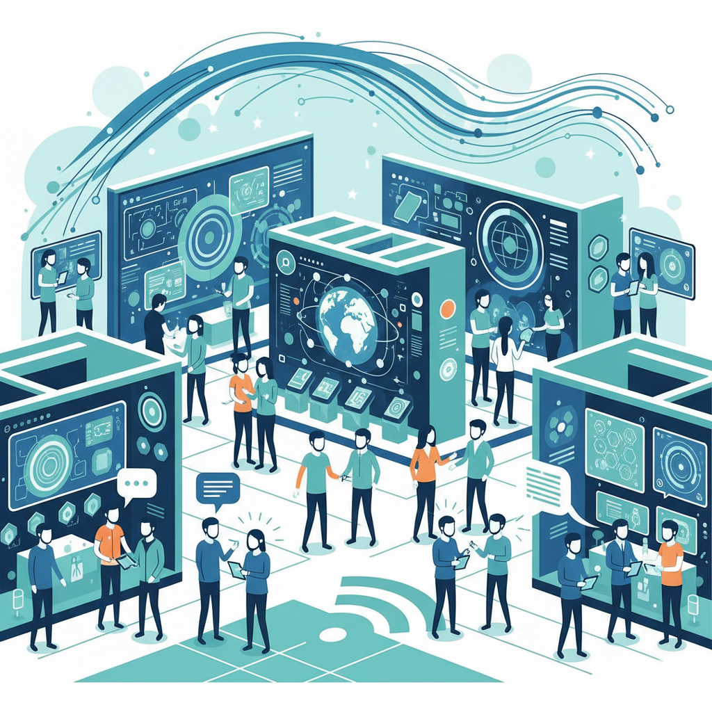 A bustling tech conference expo hall with innovative startups, excited attendees networking, modern technology displays, professional conference atmosphere, bright lighting. Clean infographic style. No text.