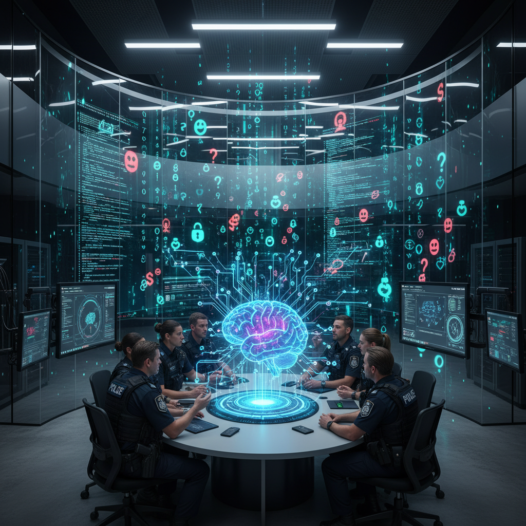 Australian federal police officers working with advanced AI technology and digital screens showing encrypted messages and emojis, modern police station setting with high-tech equipment, professional atmosphere, clean lighting, no text