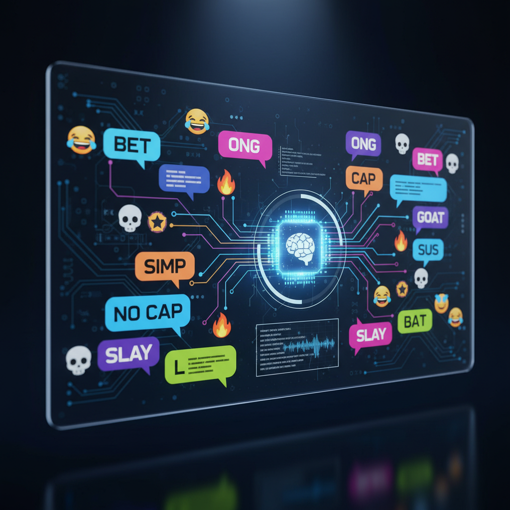 Digital interface showing various gen Z slang words and emojis being analyzed by AI, colorful chat bubbles with modern messaging interface, high-tech visualization, clean infographic style, no text
