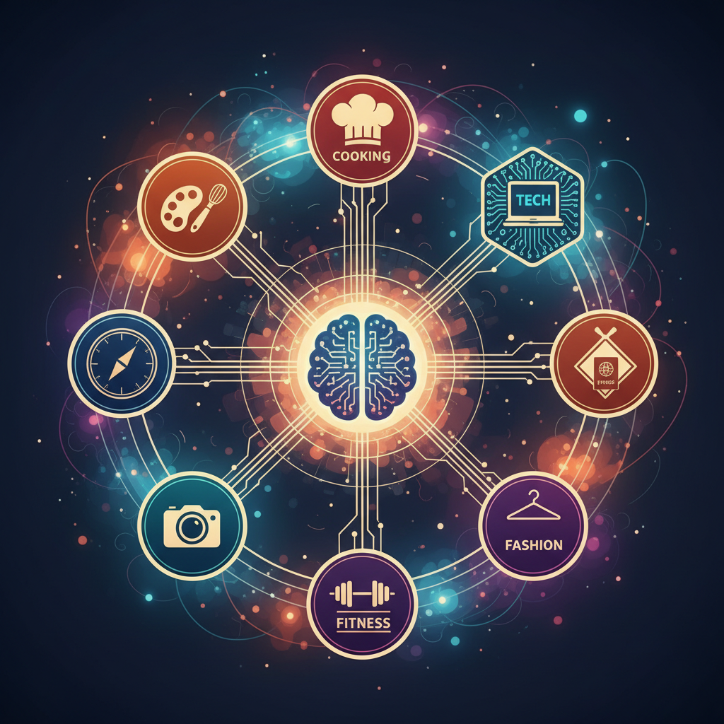 A vibrant illustration of a single central brain or server icon connected to multiple distinct blog logos or themes, each representing a different topic like cooking, tech, travel, and fashion. The feeling is diverse and expanding. No text.