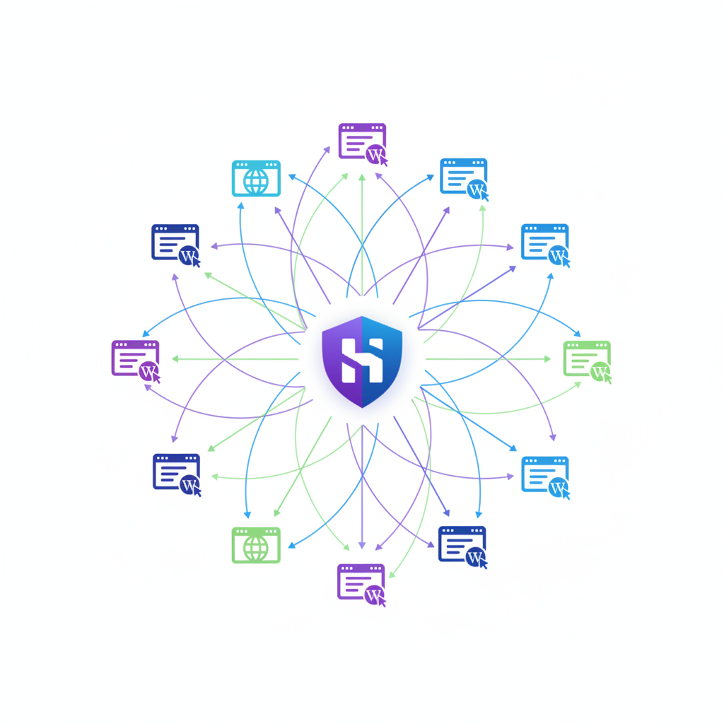 A clean, modern infographic featuring the Hostinger logo prominently. From the logo, multiple interconnected website icons are branching out, symbolizing unlimited WordPress Multisite support without extra costs. The color palette is bright and trustworthy. No text.