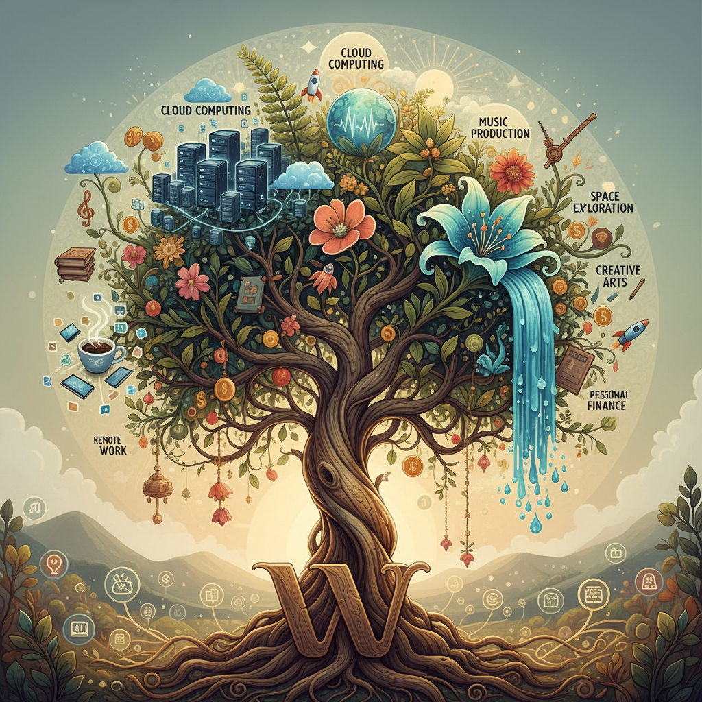 A creative illustration showing a thriving ecosystem of diverse plants and flowers, each representing a different blog topic, all growing from a single robust tree trunk representing a WordPress Multisite installation. A sense of growth and abundance. No text.