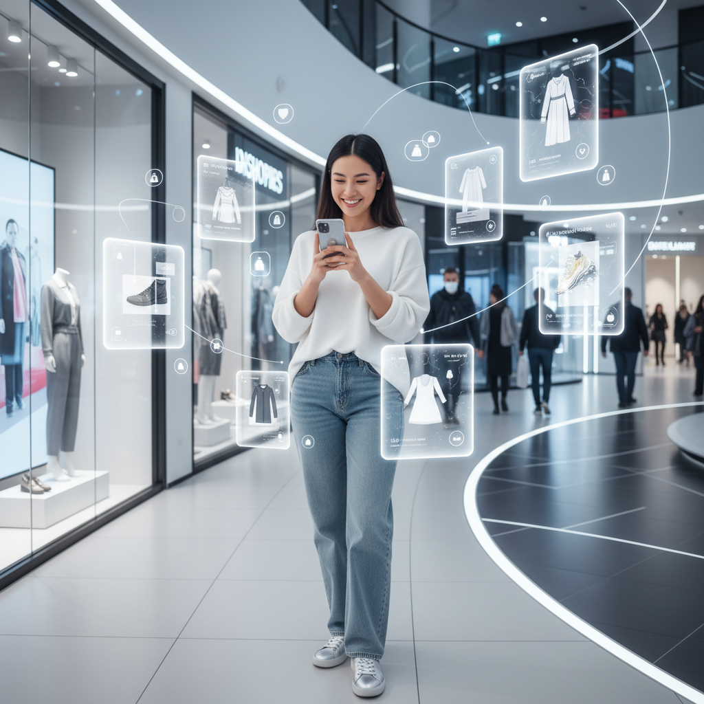 An Asian woman in her late 20s smiling while using a smartphone for online shopping, with AI recommendation interfaces floating around her. The background shows a futuristic, clean shopping environment. Style: lifestyle photography. No text.