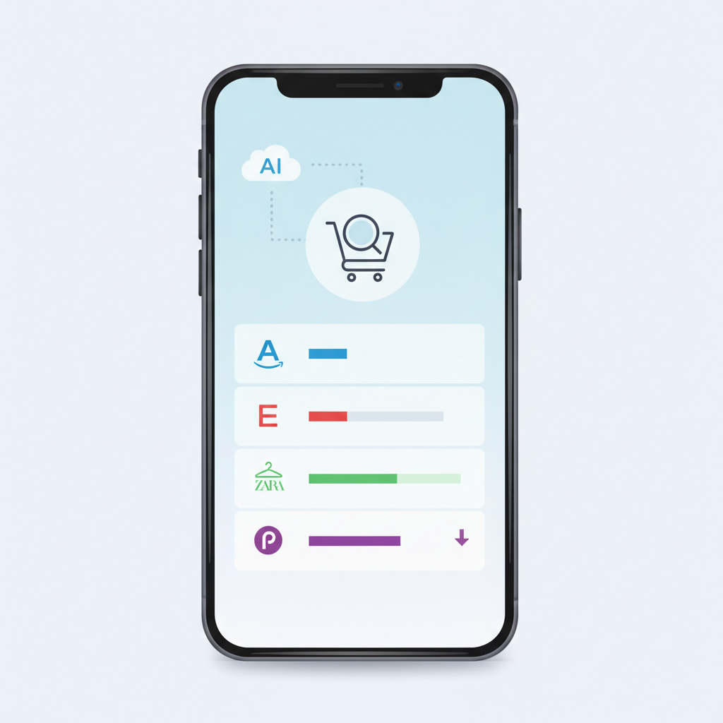 A sleek smartphone screen displaying an AI shopping assistant app that compares prices across multiple online and second-hand platforms. Icons representing different e-commerce sites are visible. Style: clean infographic. No text.