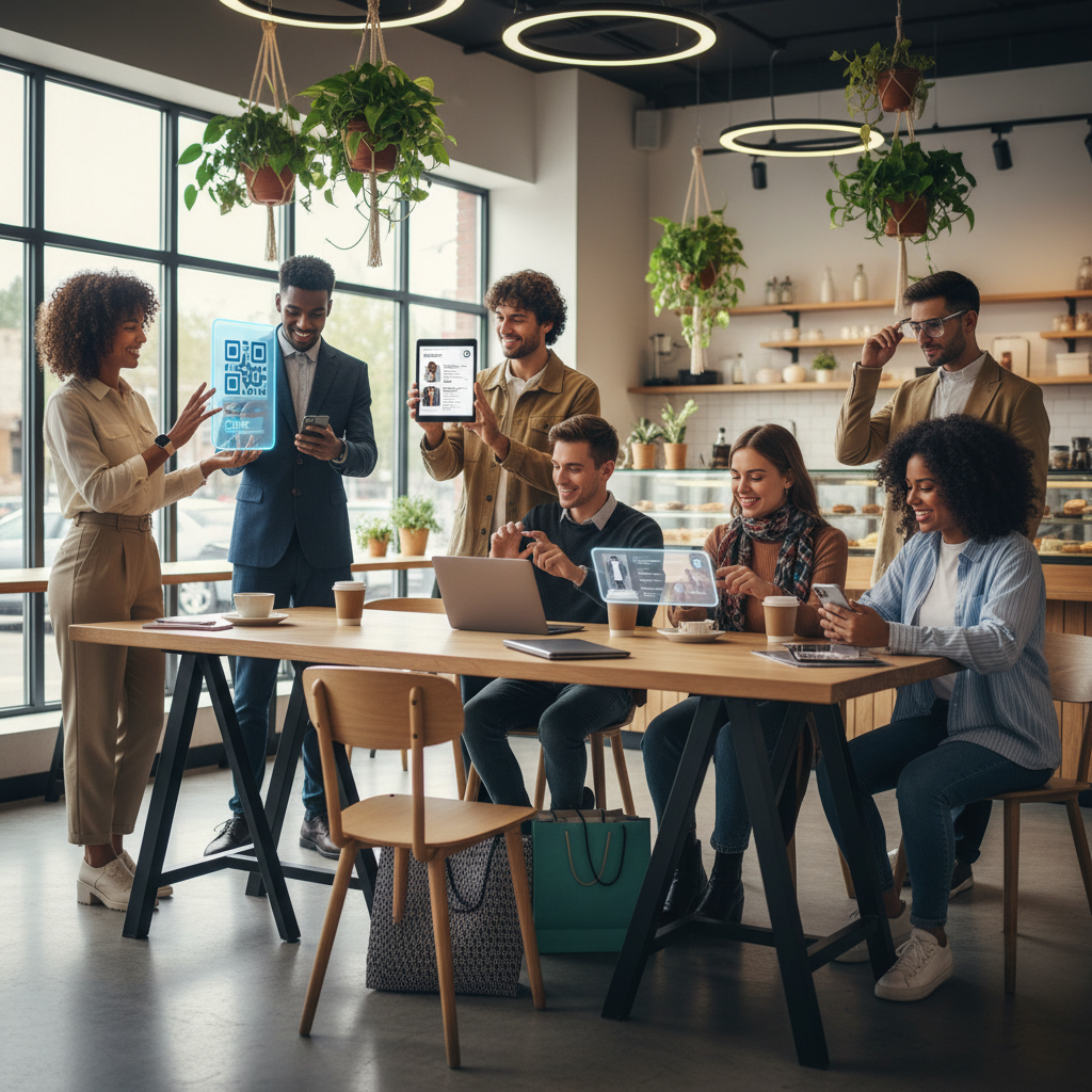 A diverse group of young adults enjoying a seamless shopping experience using various AI-powered devices like smartwatches, tablets, and phones, in a modern, brightly lit cafe setting. Style: lifestyle photography. No text.
