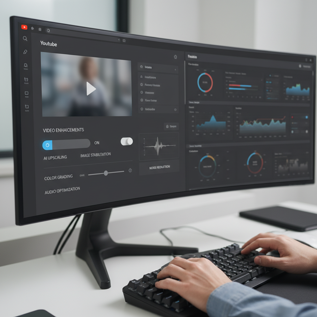 YouTube creator dashboard interface showing video enhancement controls, clean modern design with toggle options for AI upscaling, professional workspace atmosphere, no text
