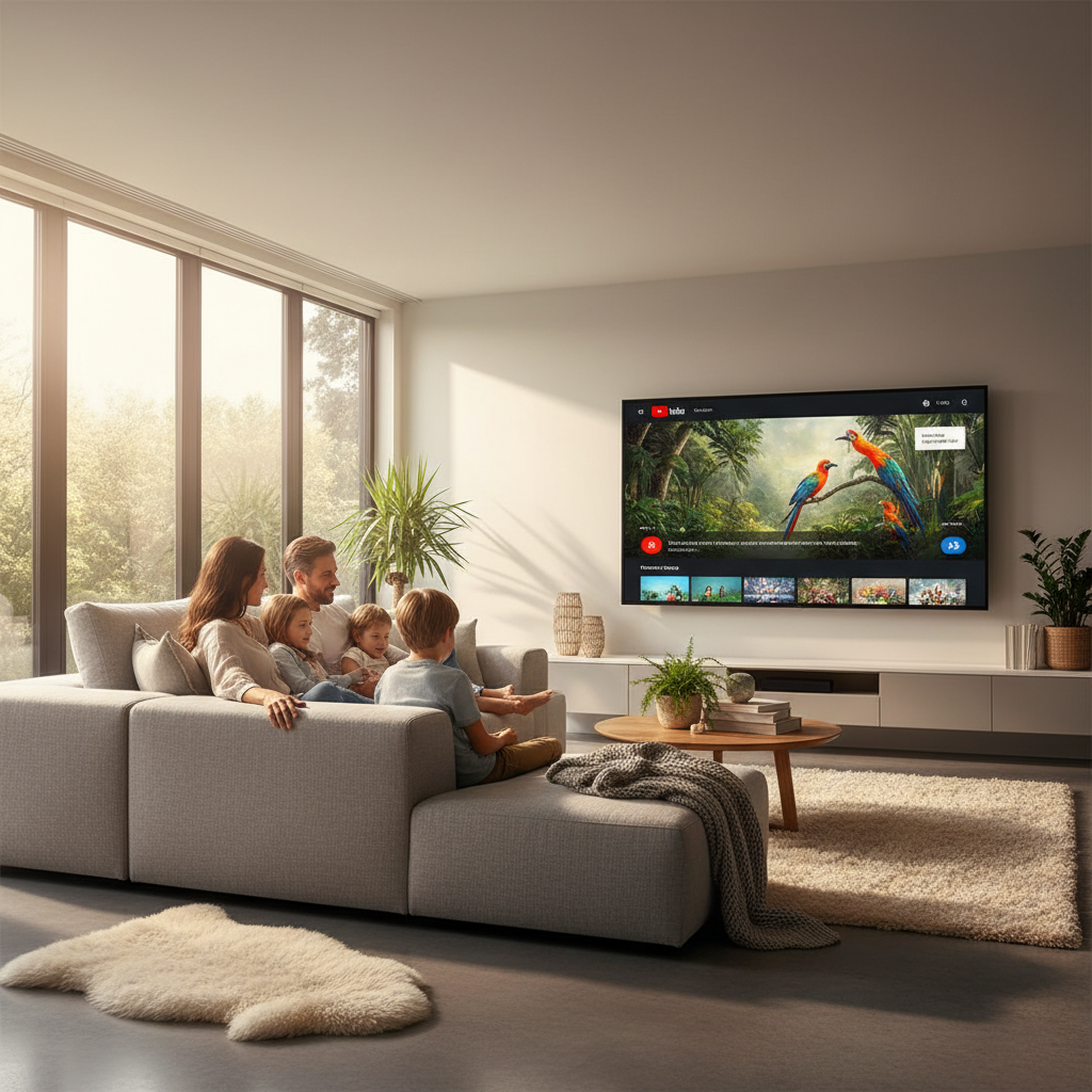 Modern living room with large TV displaying YouTube interface, family watching enhanced video quality, cozy atmosphere with natural lighting, lifestyle photography style, no text