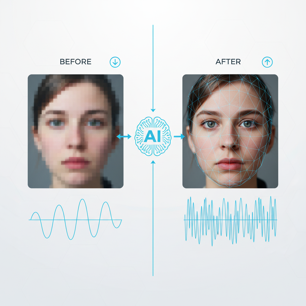 Side-by-side comparison visualization of video quality enhancement, showing before and after AI upscaling effects, clean infographic style with technical elements, no text